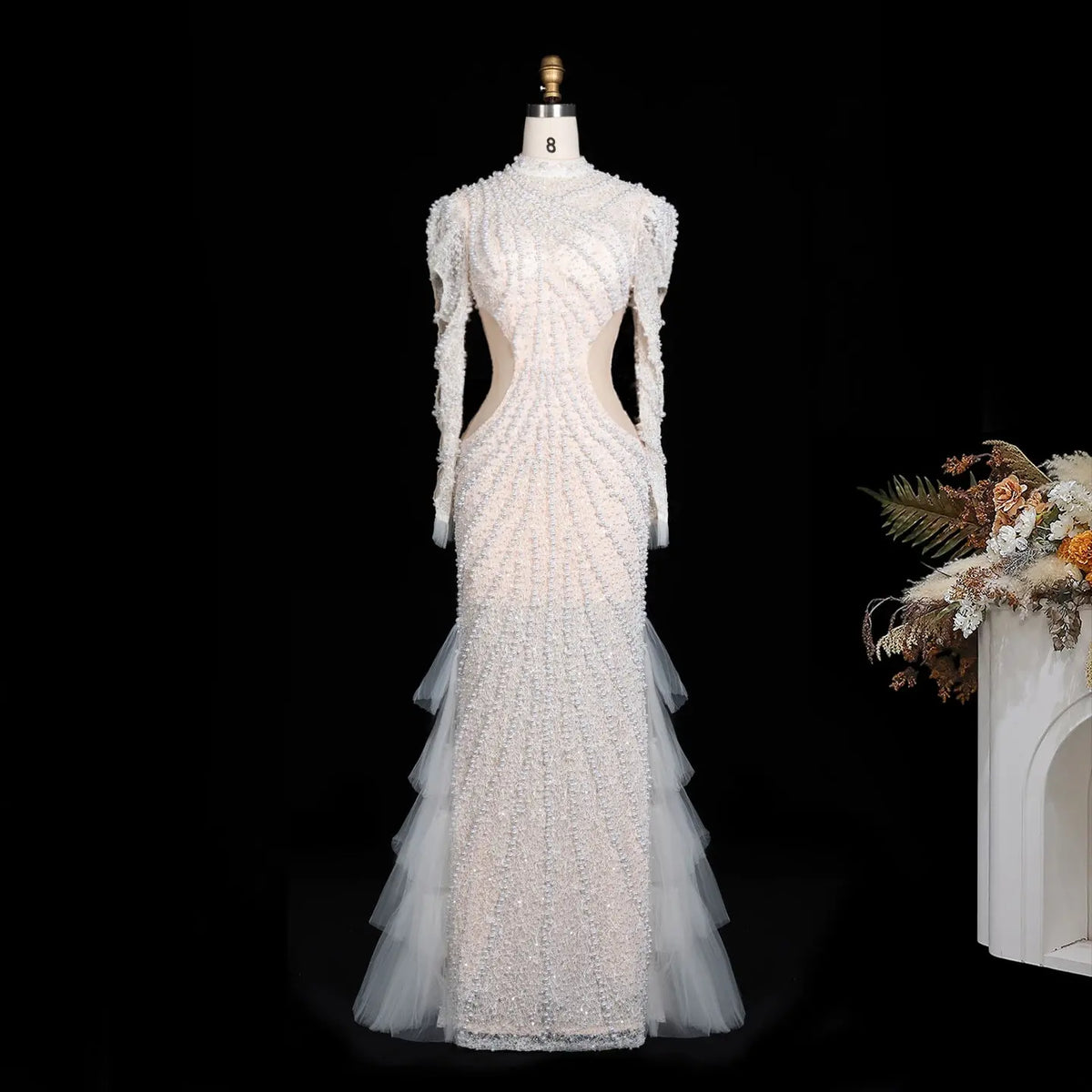 White Pearl Beaded Tiered Tulle Mermaid Gown ST103 Sheer Fairy