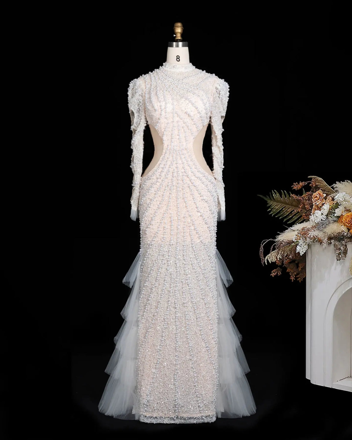 White Pearl Beaded Tiered Tulle Mermaid Gown ST103 Sheer Fairy