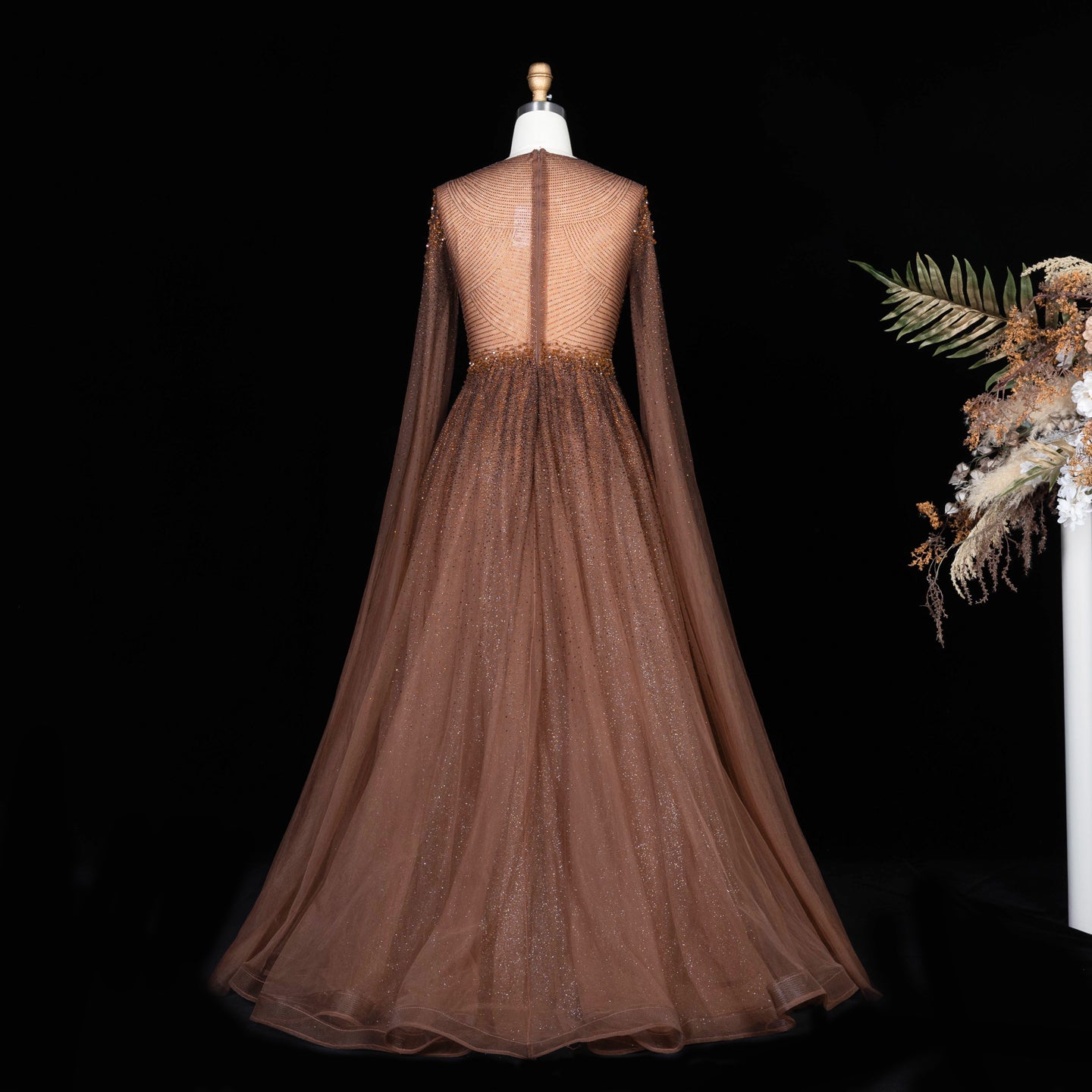 Sparkling Beaded A Line Evening Gown Long Cape Sleeves Glitzy Prom Dress SS059 Sheer Fairy