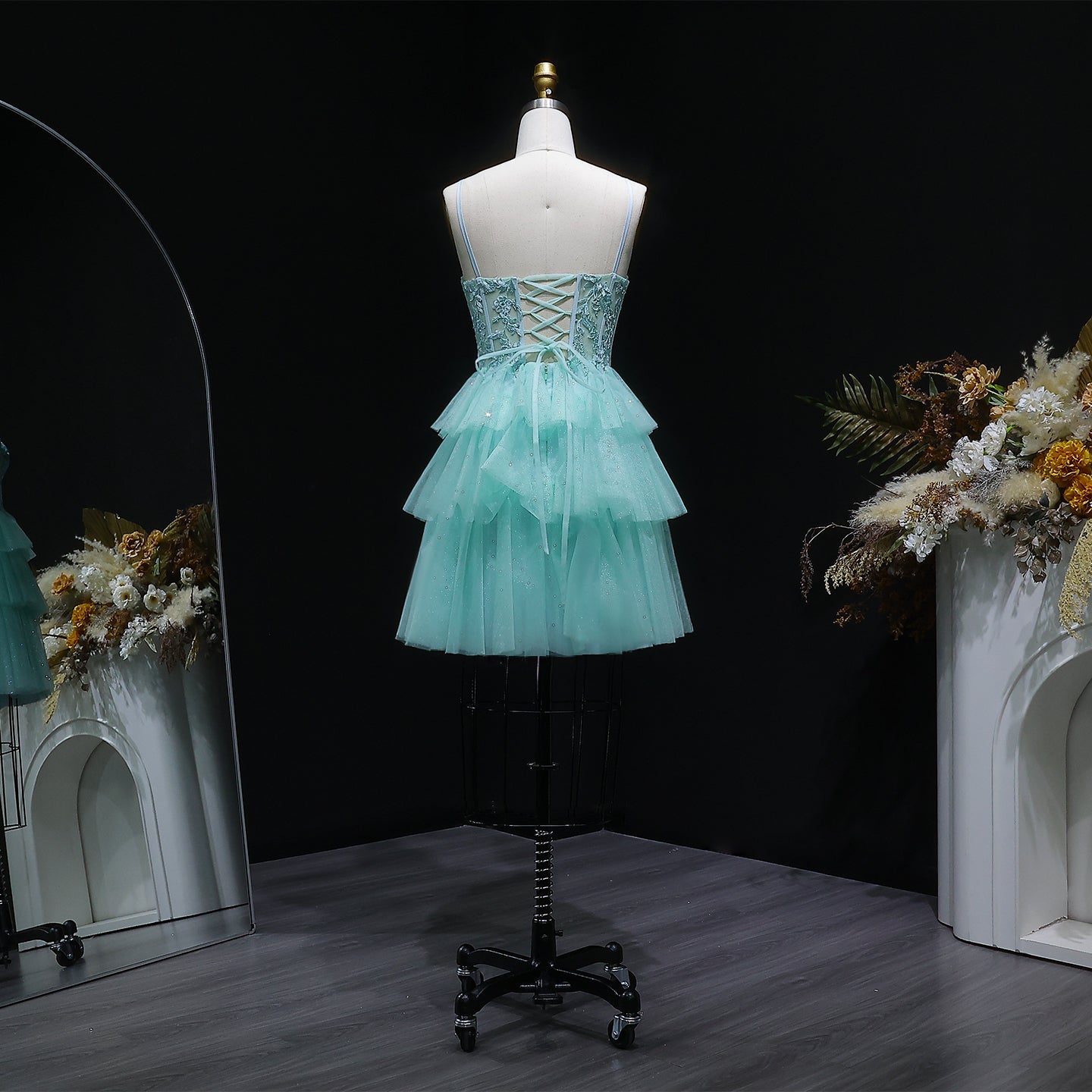 Turquoise Beaded Corset Tiered Tulle Homecoming Dress with Lace-Up Back RM141 Sheer Fairy
