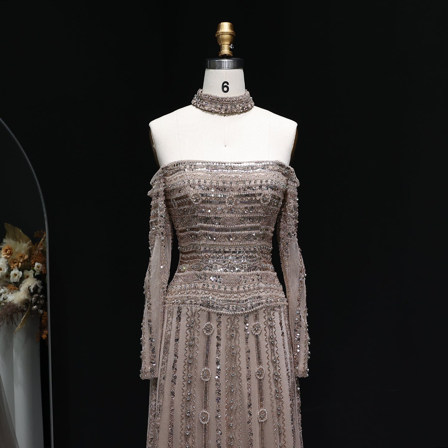 Sexy Off the Shoulder Long Sleeve Beaded Grey Evening Dress for Women SS178 Sheer Fairy
