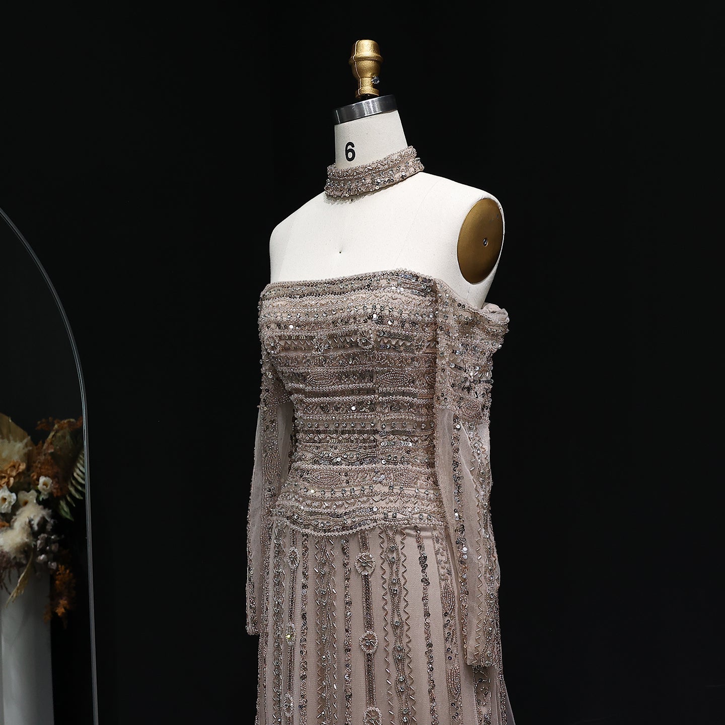 Sexy Off the Shoulder Long Sleeve Beaded Grey Evening Dress for Women SS178 Sheer Fairy