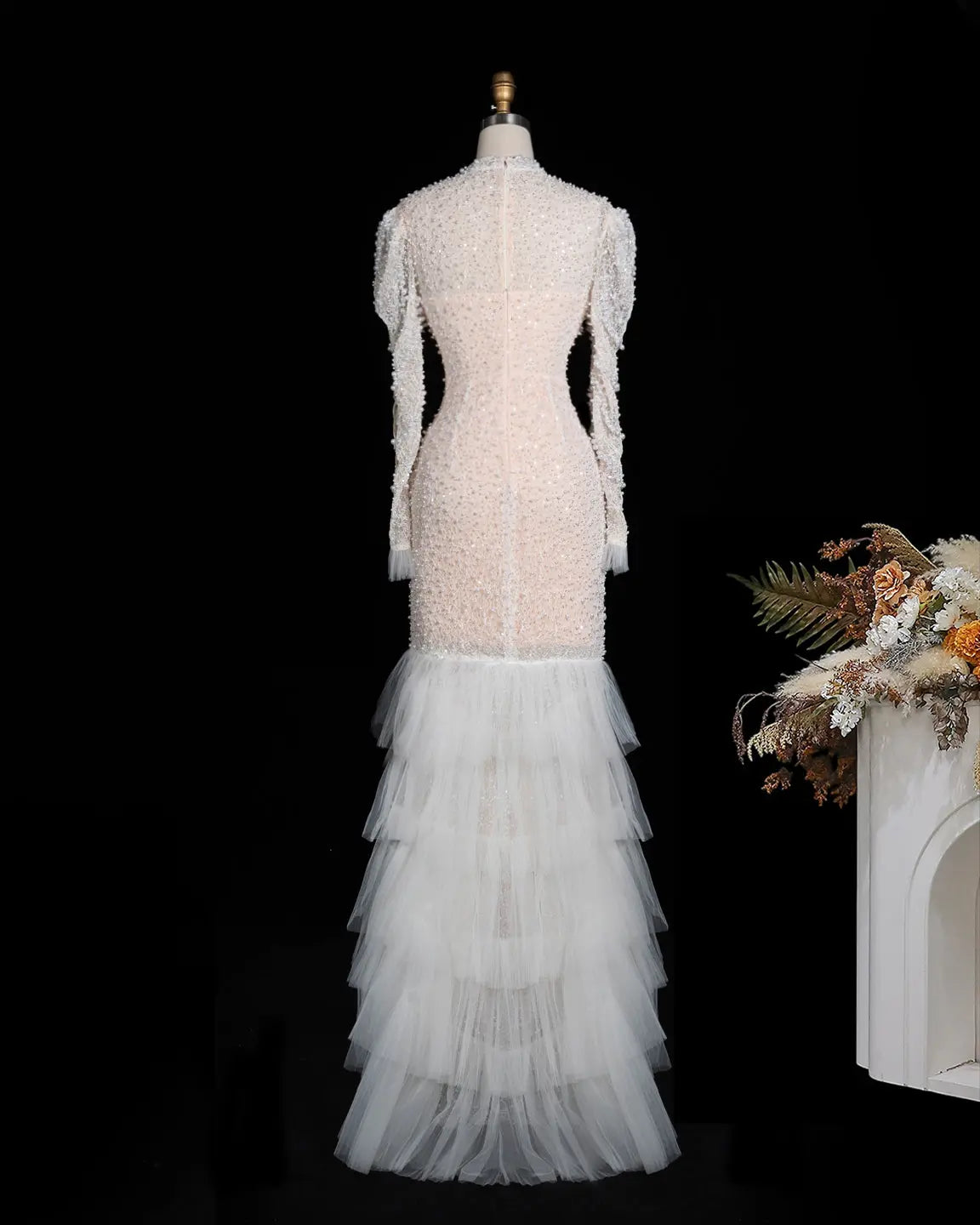 White Pearl Beaded Tiered Tulle Mermaid Gown ST103 Sheer Fairy
