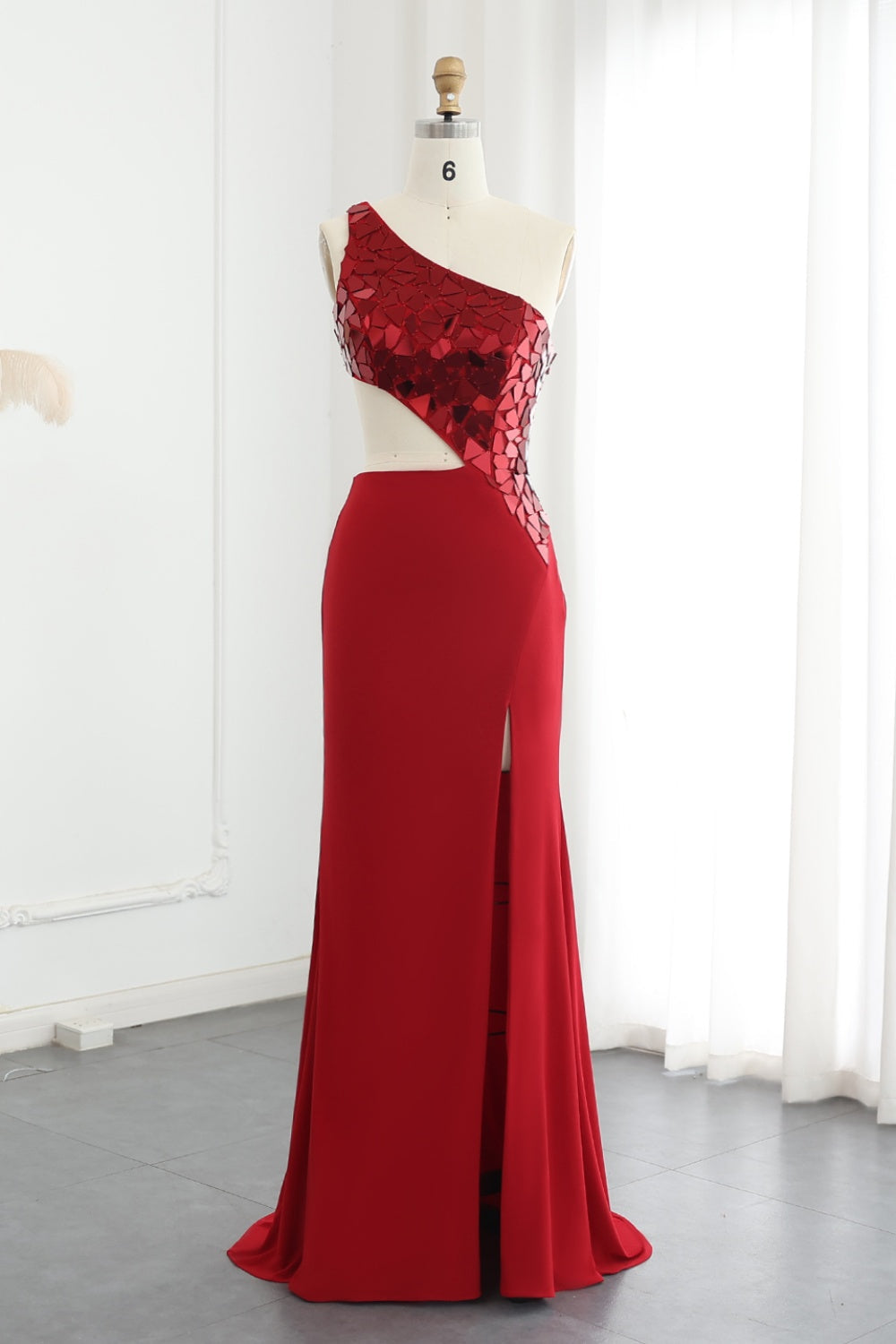 Crimson Sequined One-Shoulder Sheath Prom Dress SH304 Sheer Fairy