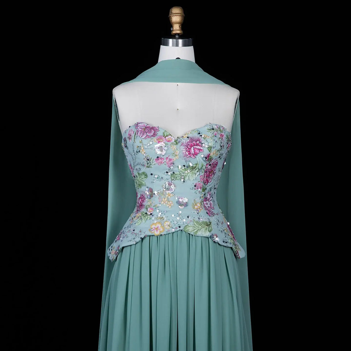 Pink Strapless Evening Dress with Floral Beaded Bodice & Chiffon Cape Scarf SS480 Sheer Fairy