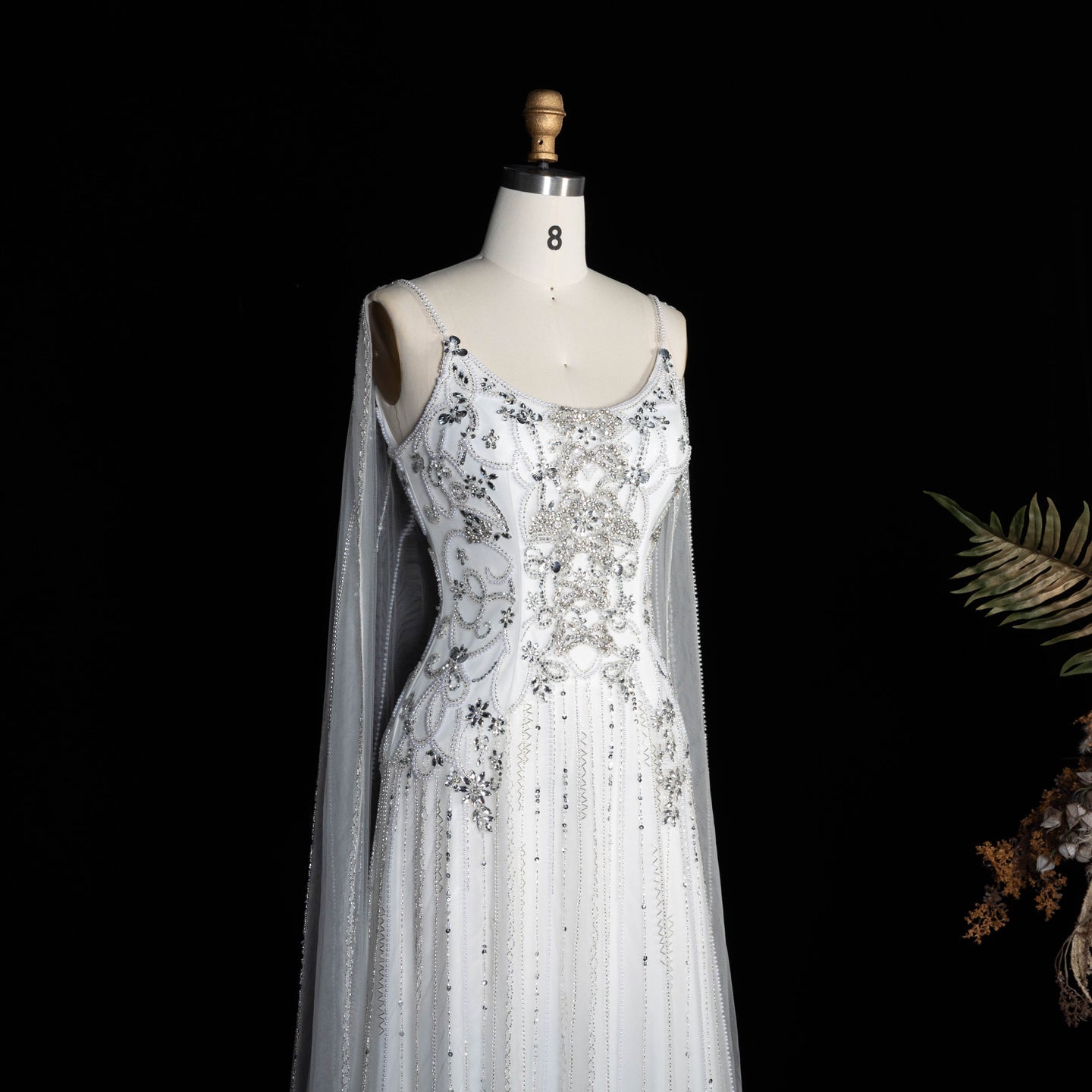 Champagne Beaded Sheer Corset Evening Gown with Draped Cape & Pleated Skirt SS538 Sheer Fairy