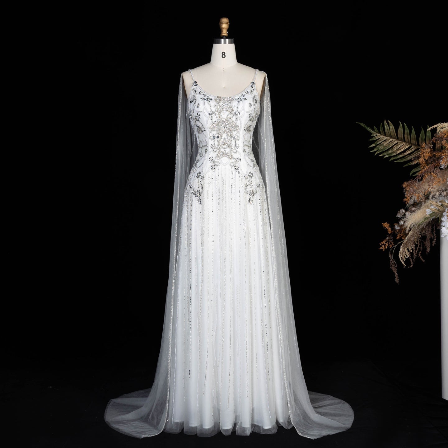 Champagne Beaded Sheer Corset Evening Gown with Draped Cape & Pleated Skirt SS538 Sheer Fairy