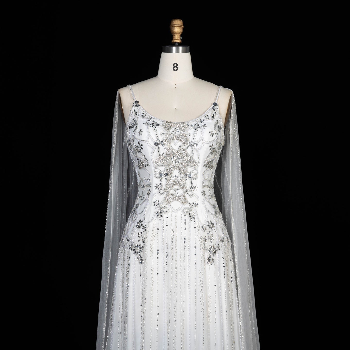 Champagne Beaded Sheer Corset Evening Gown with Draped Cape & Pleated Skirt SS538 Sheer Fairy