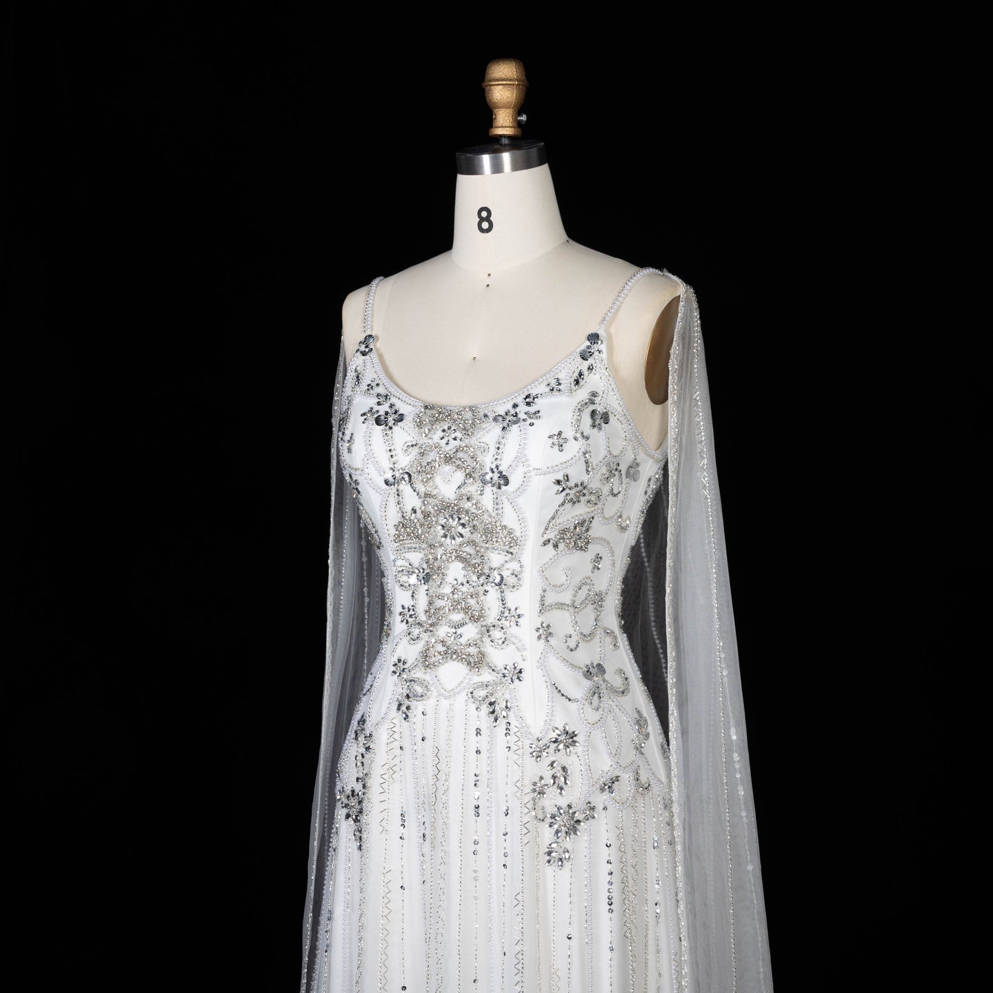 Champagne Beaded Sheer Corset Evening Gown with Draped Cape & Pleated Skirt SS538 Sheer Fairy