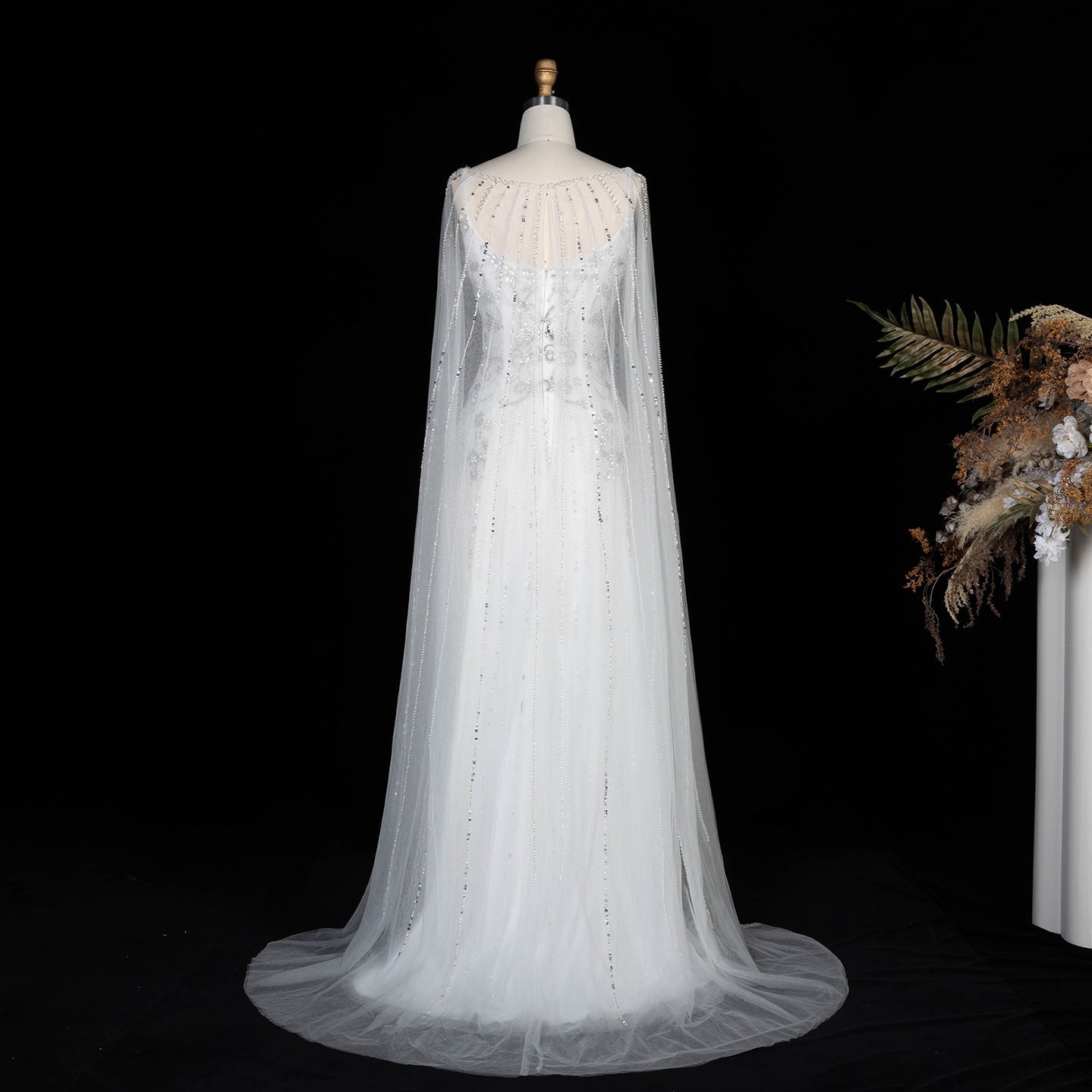 Champagne Beaded Sheer Corset Evening Gown with Draped Cape & Pleated Skirt SS538 Sheer Fairy