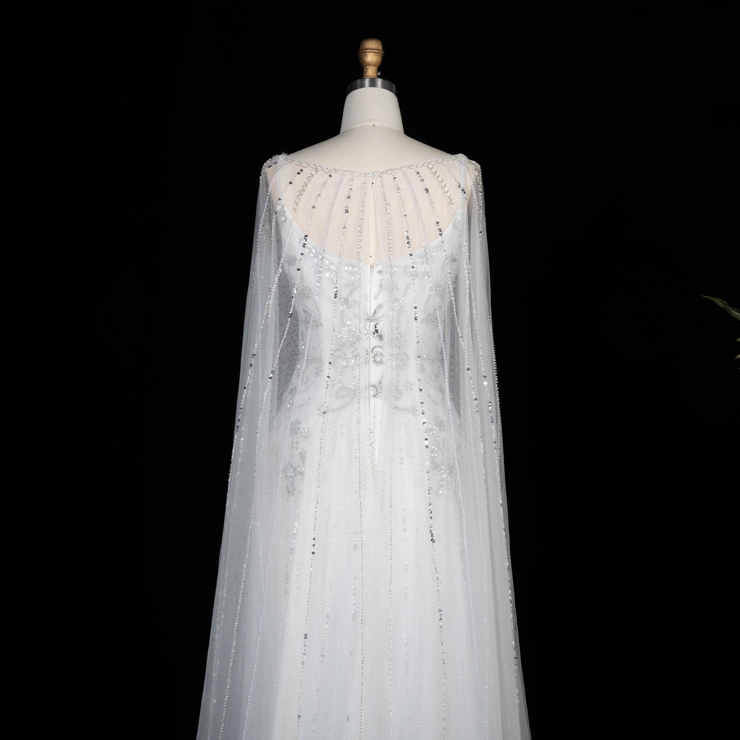 Champagne Beaded Sheer Corset Evening Gown with Draped Cape & Pleated Skirt SS538 Sheer Fairy