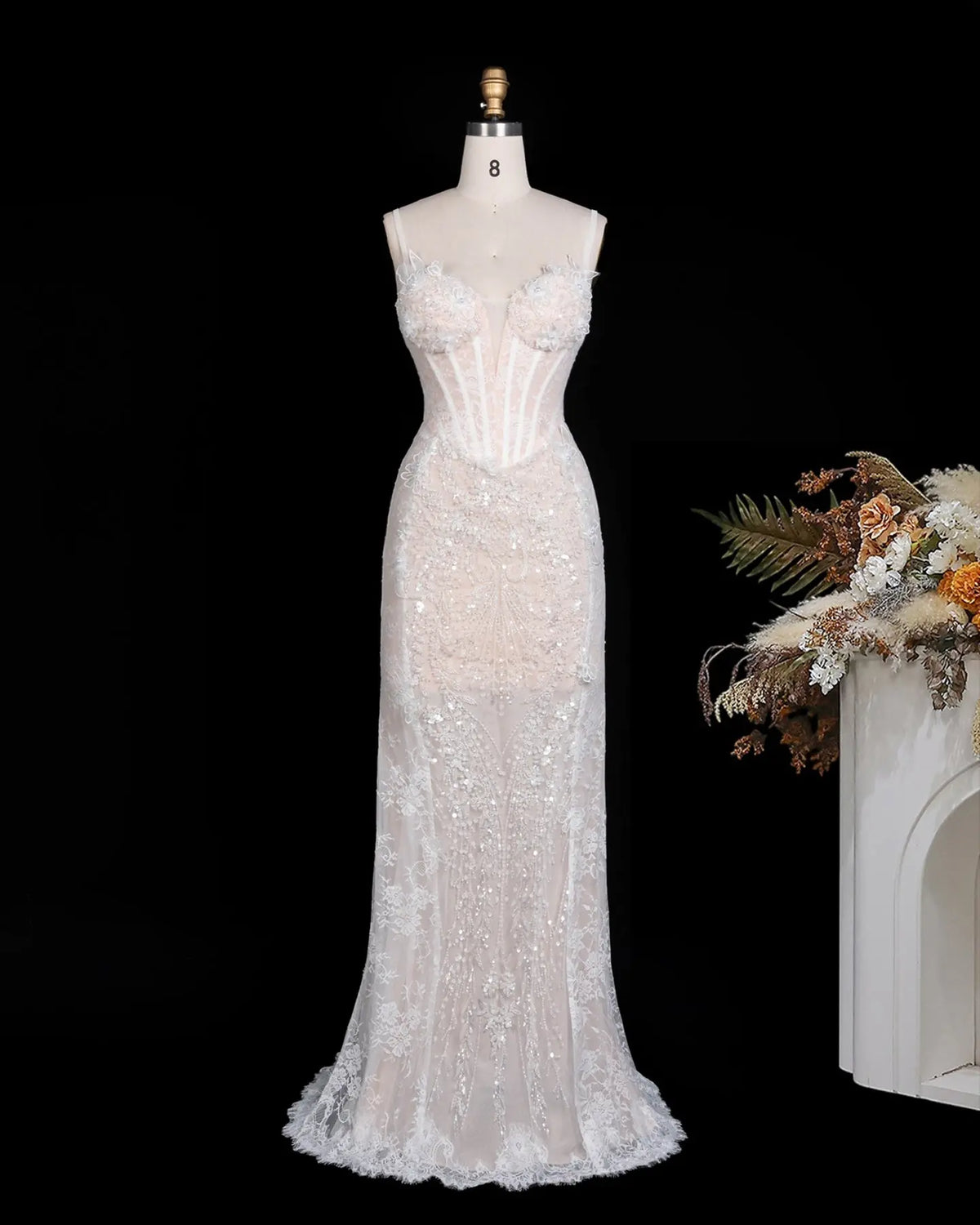 White Floral Applique Corset Evening Gown ST104 Sheer Fairy