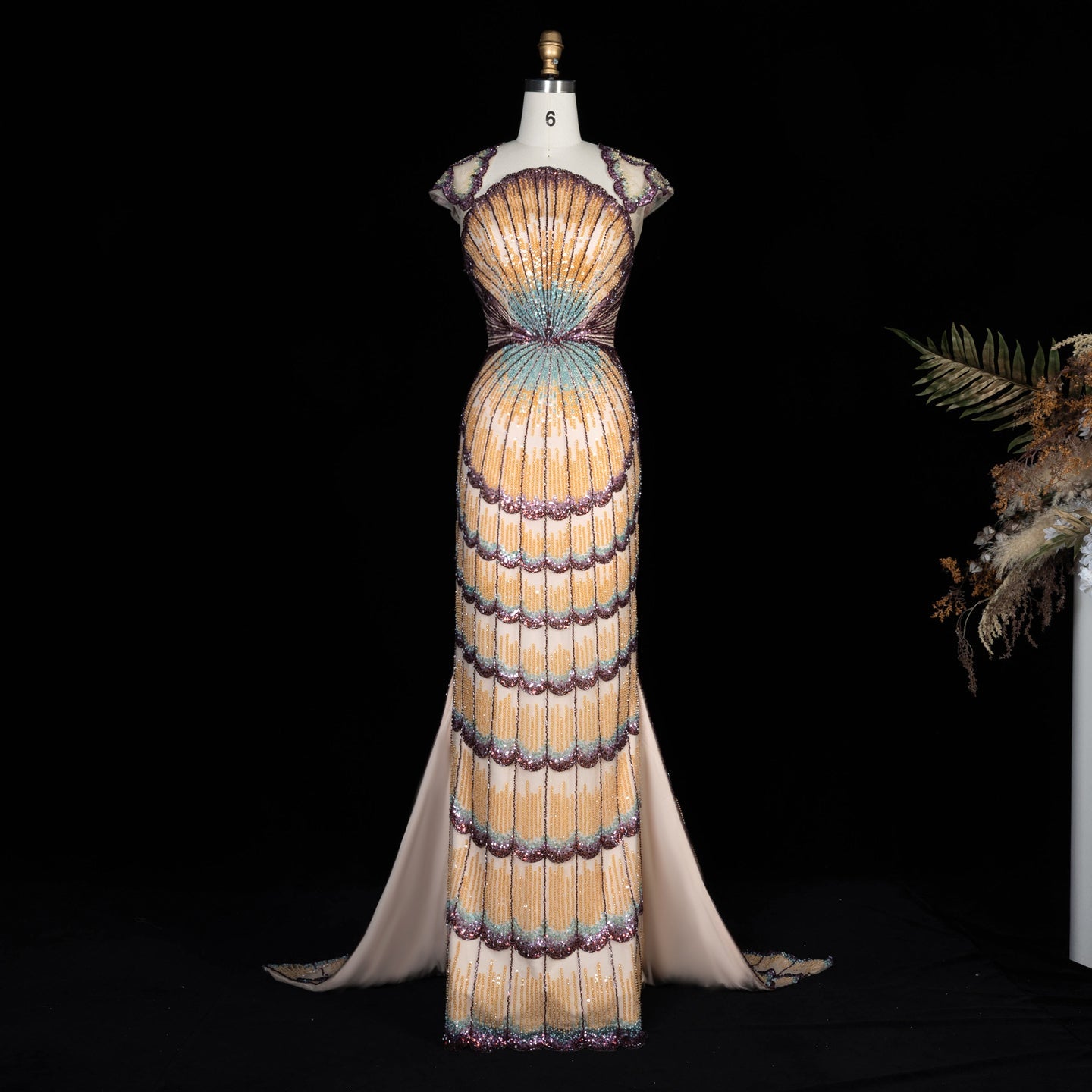 Strapless Ombre Scallop Beaded Mermaid Evening Gown with Train SS656 Sheer Fairy