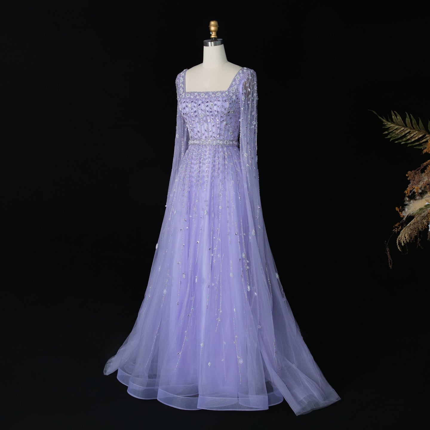 Luxury Caramel Beaded Cape Sleeve A-Line Evening Gown with Square Neck SS494 Sheer Fairy