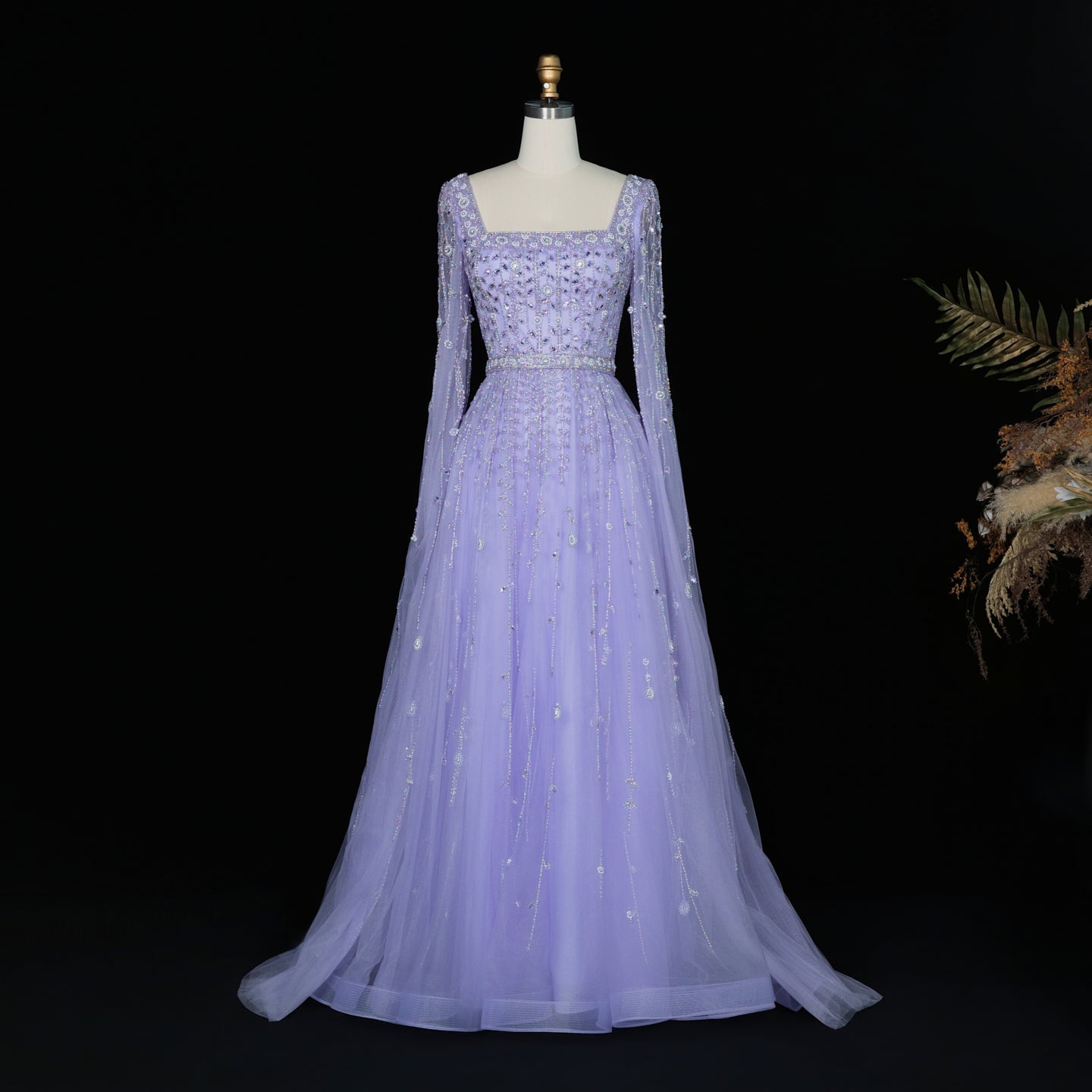 Luxury Caramel Beaded Cape Sleeve A-Line Evening Gown with Square Neck SS494 Sheer Fairy