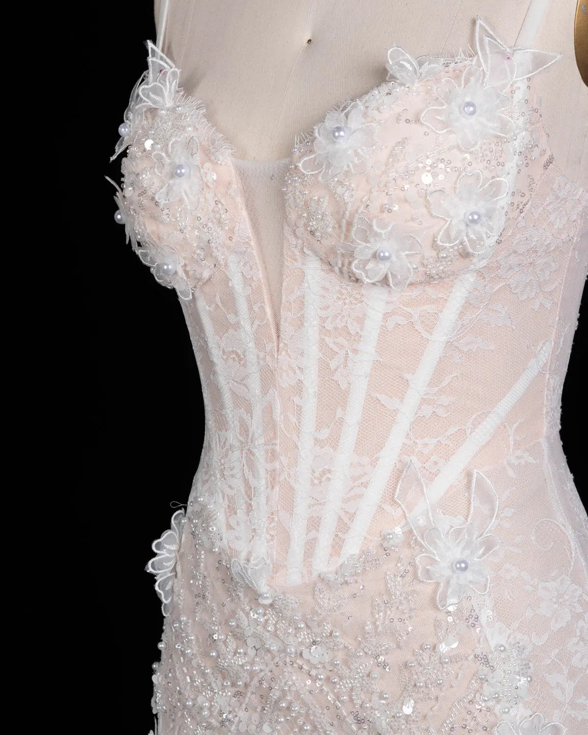 White Floral Applique Corset Evening Gown ST104 Sheer Fairy