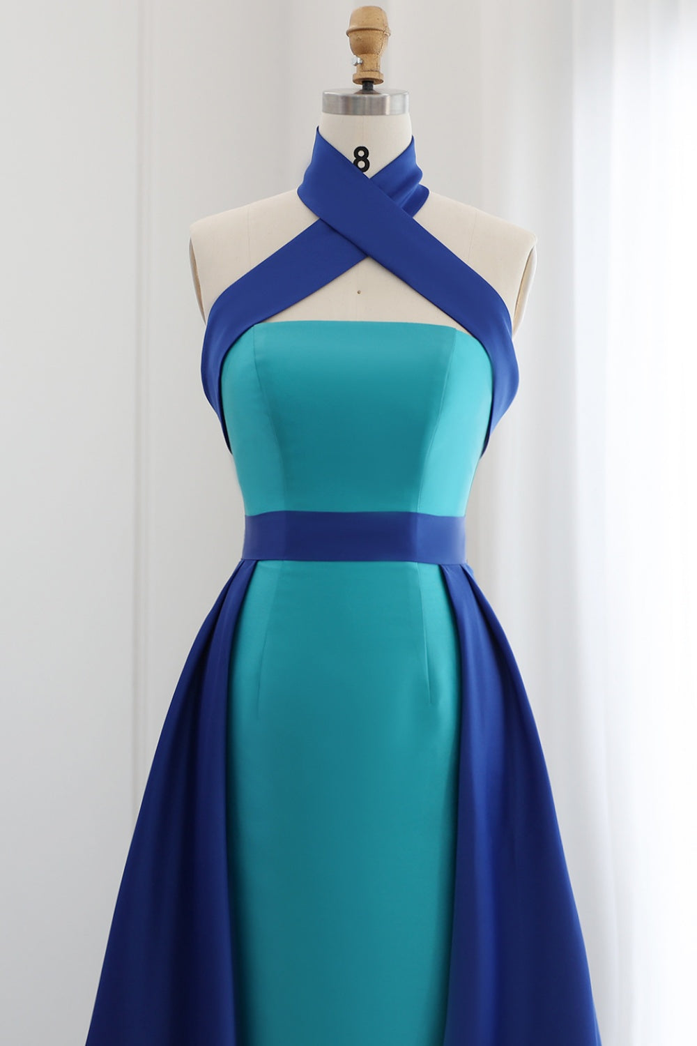 Royal Blue Criss Cross Halter Evening Dress with Overskirt SF012 Sheer Fairy