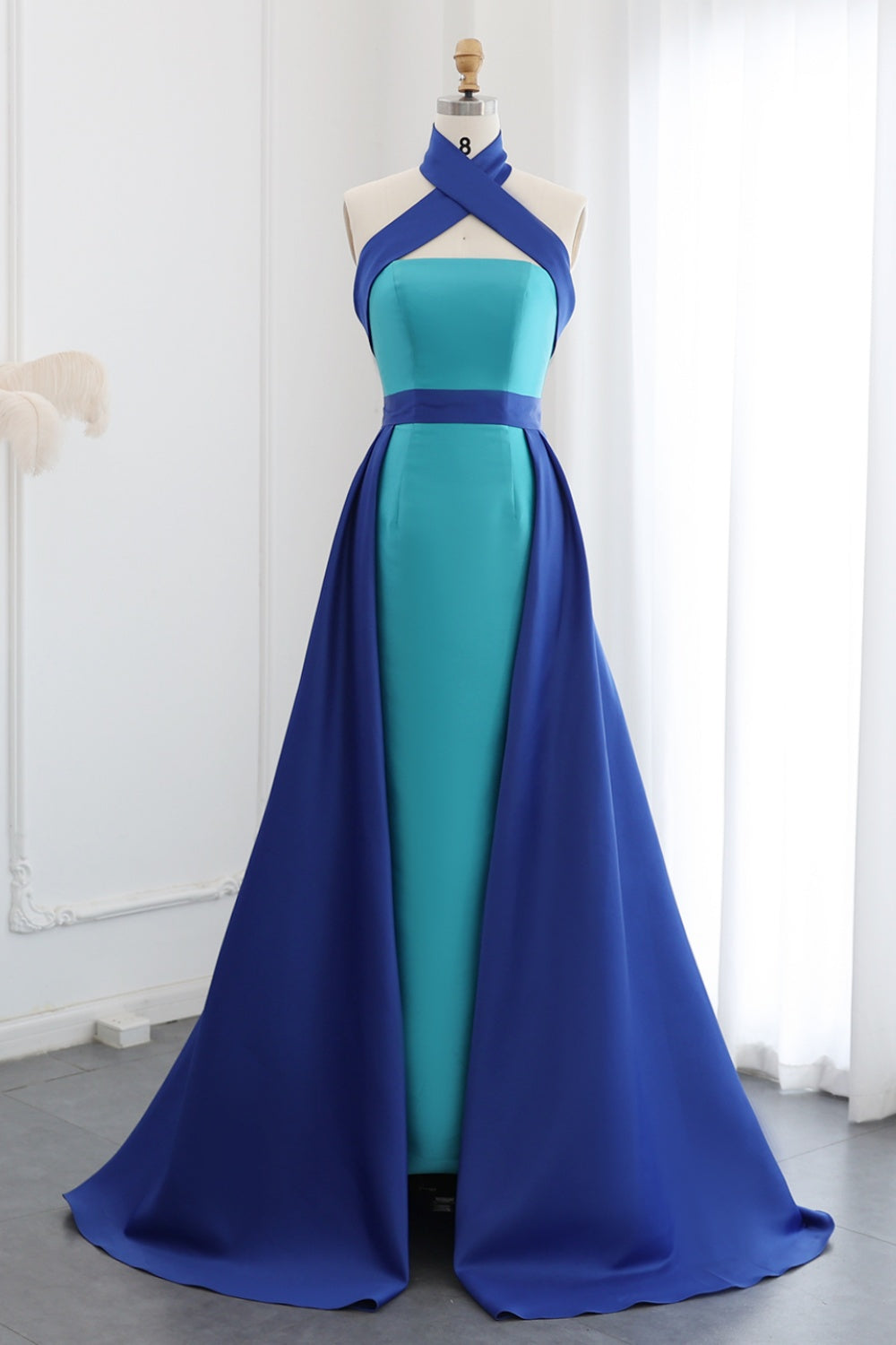 Royal Blue Criss Cross Halter Evening Dress with Overskirt SF012 Sheer Fairy
