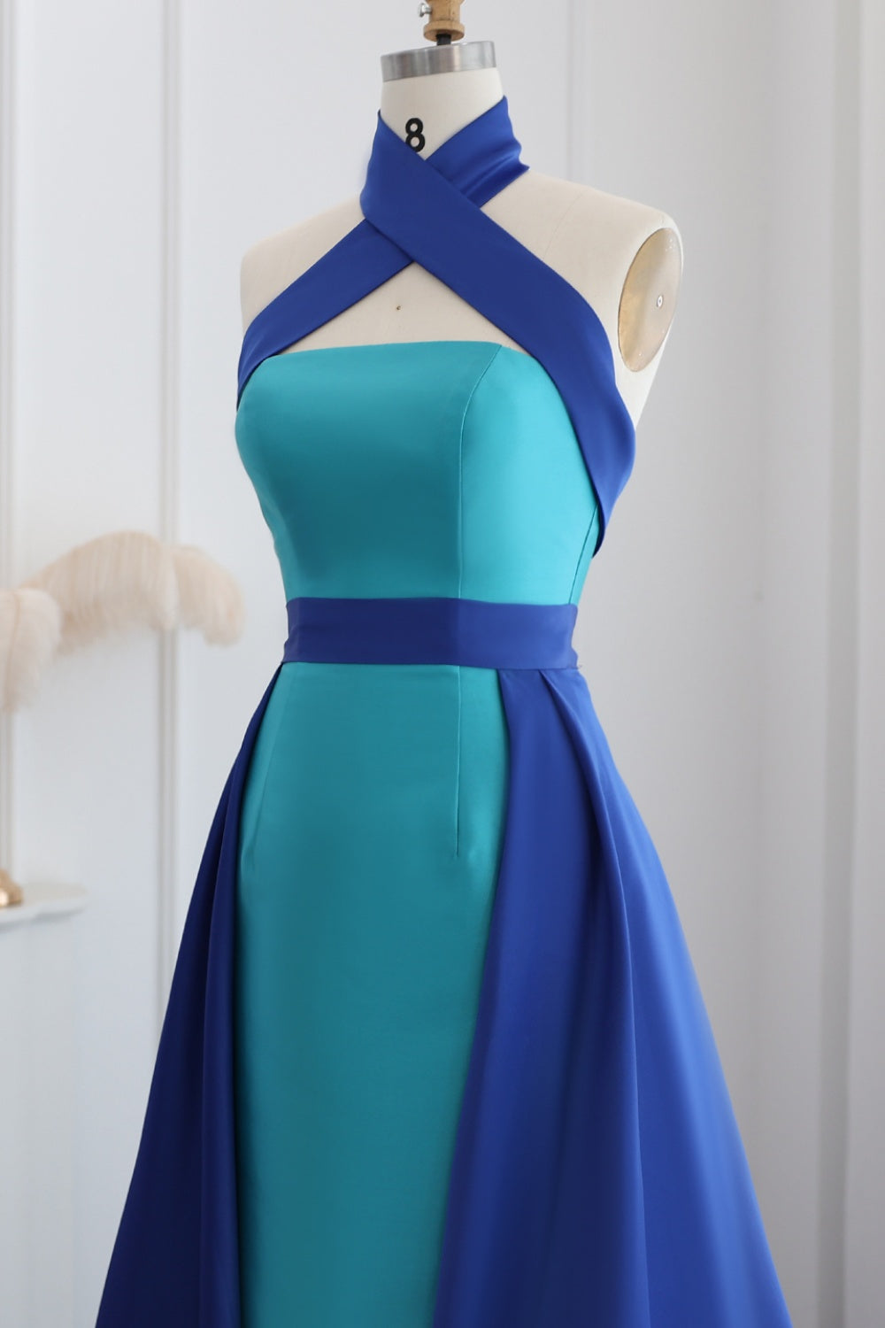 Royal Blue Criss Cross Halter Evening Dress with Overskirt SF012 Sheer Fairy