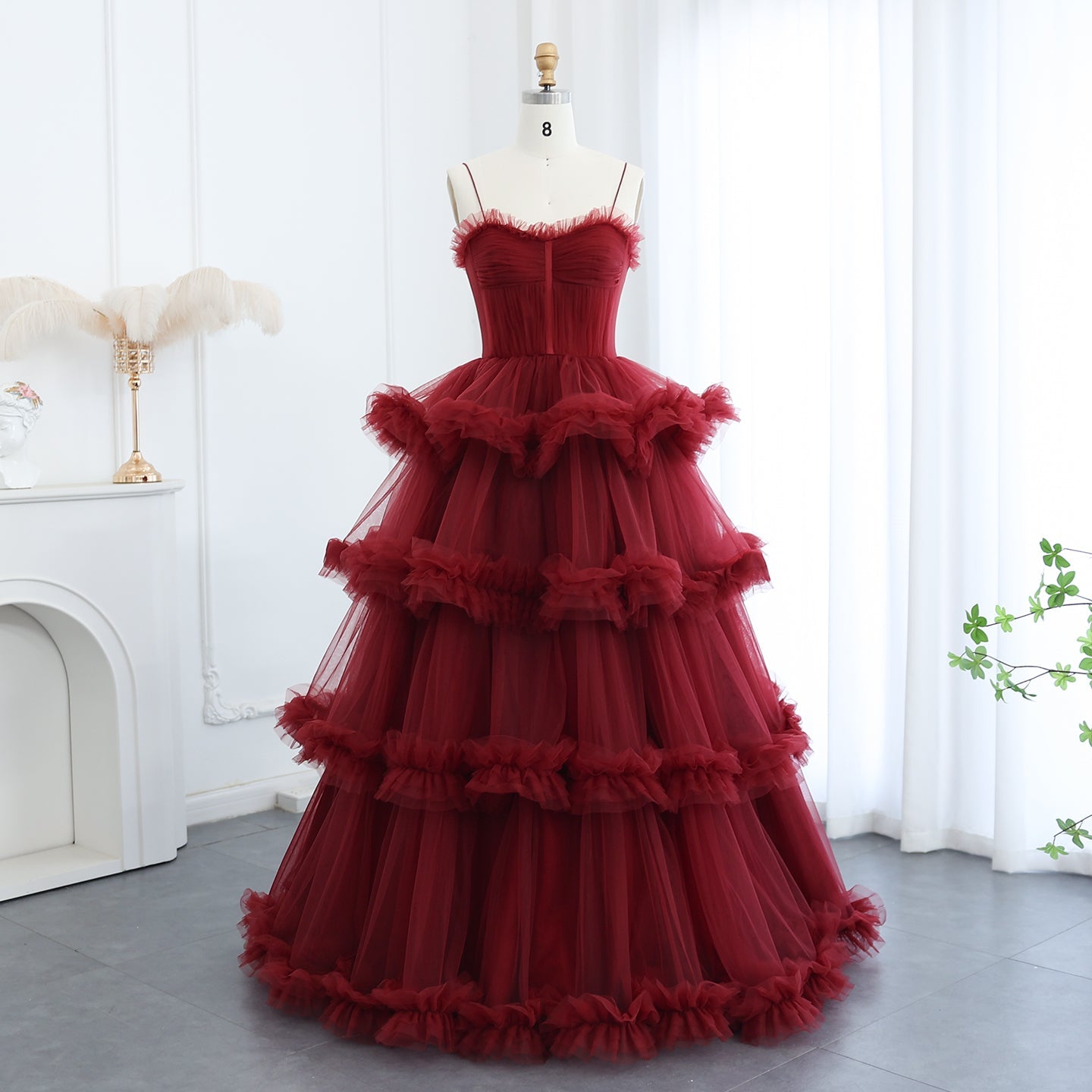 Burgundy Tulle Tiered Ruffles Evening Dresses with Gloves SF049