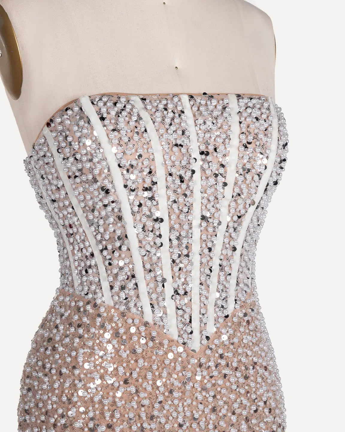 Champagne Pearl Beaded Strapless Mini Dress ST110 Sheer Fairy