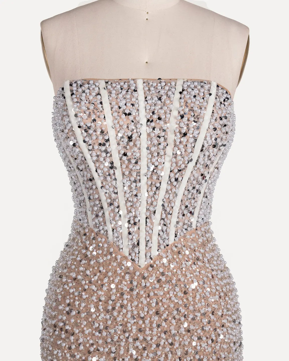 Champagne Pearl Beaded Strapless Mini Dress ST110 Sheer Fairy