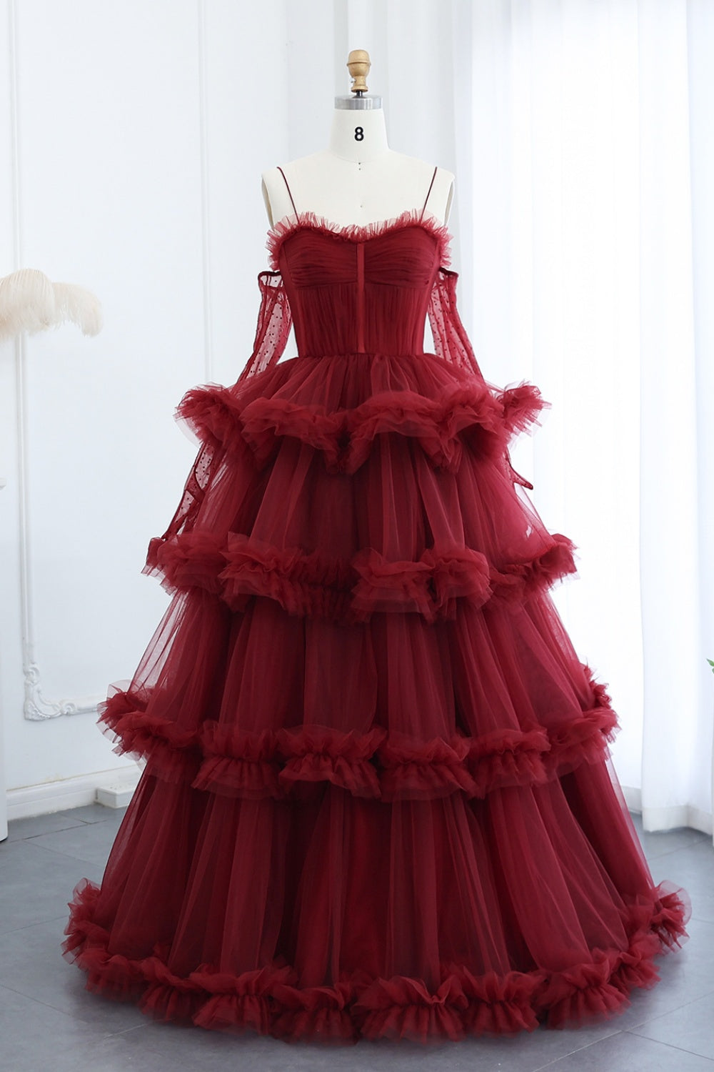 Burgundy Tulle Tiered Ruffles Evening Dresses with Gloves SF472 Sheer Fairy