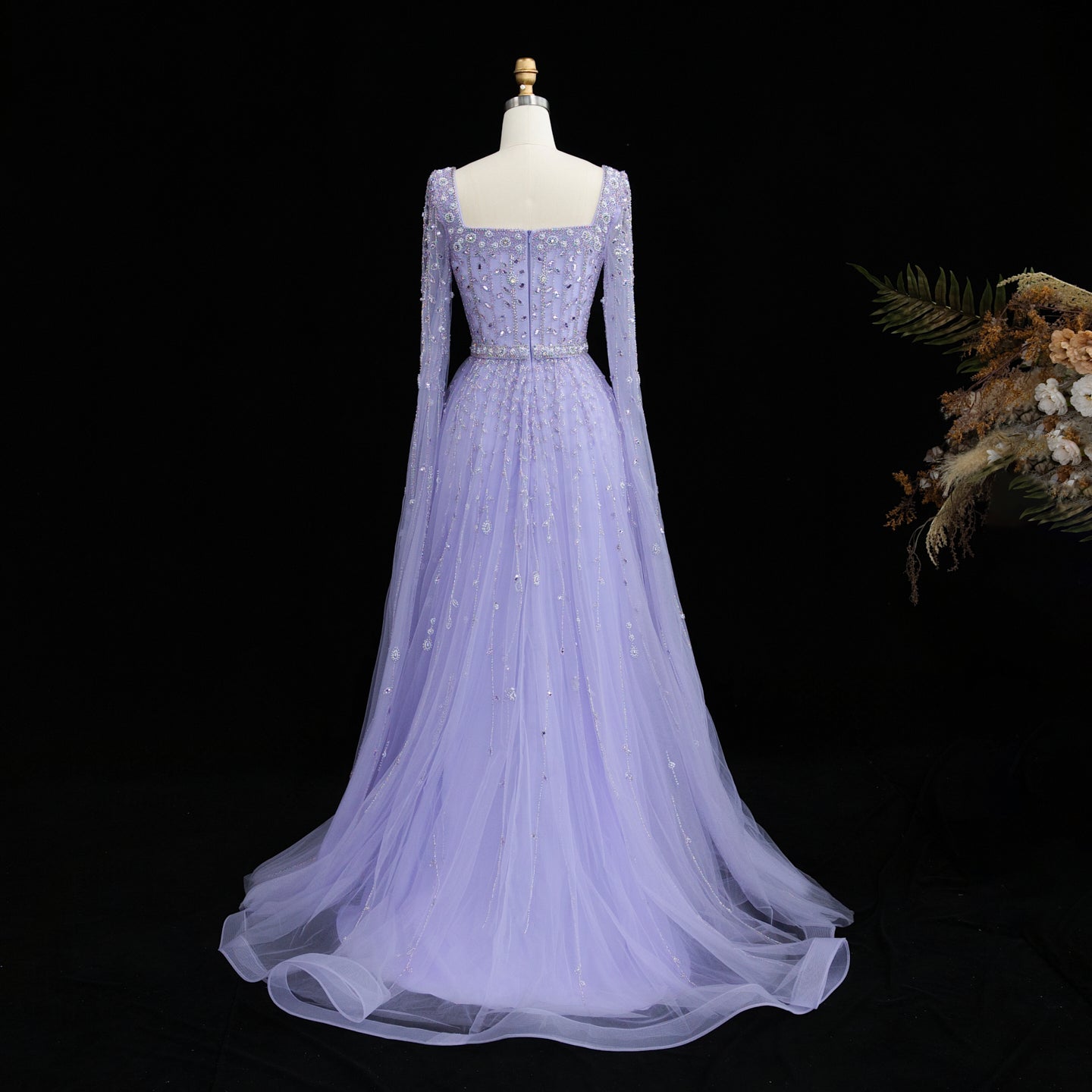 Luxury Caramel Beaded Cape Sleeve A-Line Evening Gown with Square Neck SS494 Sheer Fairy