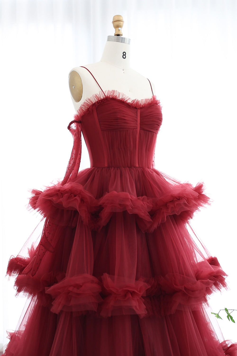 Burgundy Tulle Tiered Ruffles Evening Dresses with Gloves SF472 Sheer Fairy