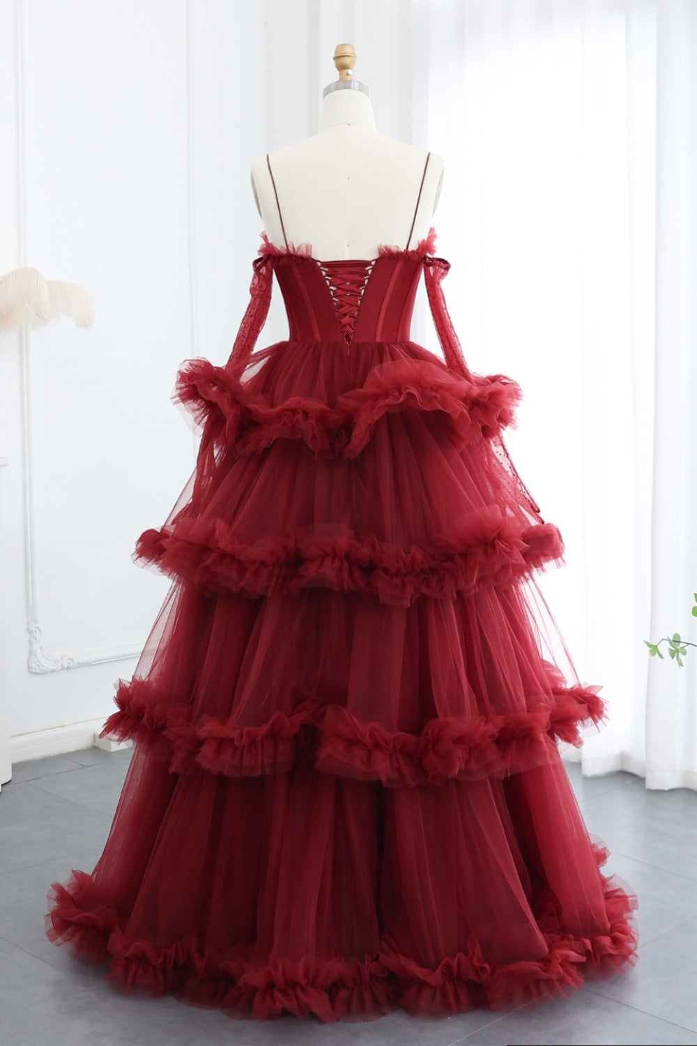 Burgundy Tulle Tiered Ruffles Evening Dresses with Gloves SF472 Sheer Fairy