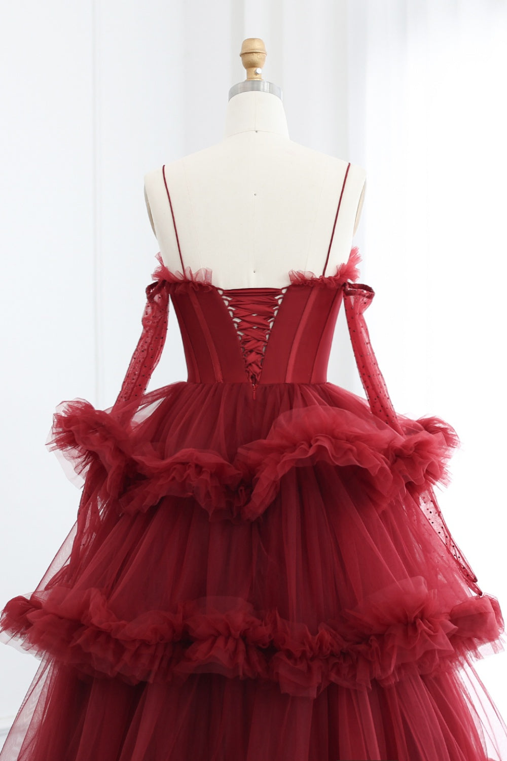 Burgundy Tulle Tiered Ruffles Evening Dresses with Gloves SF472 Sheer Fairy