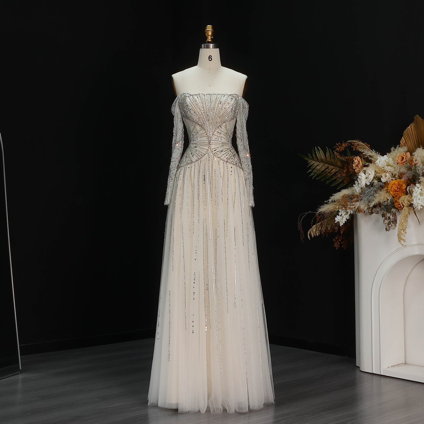 Sexy Off the Shoulder Luxury Beaded Beige Evening Dress with Long Sleeve SS507 Sheer Fairy