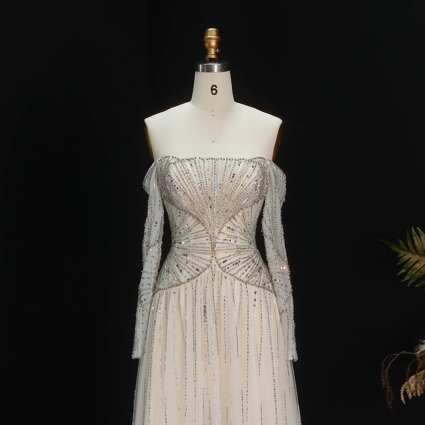 Sexy Off the Shoulder Luxury Beaded Beige Evening Dress with Long Sleeve SS507 Sheer Fairy