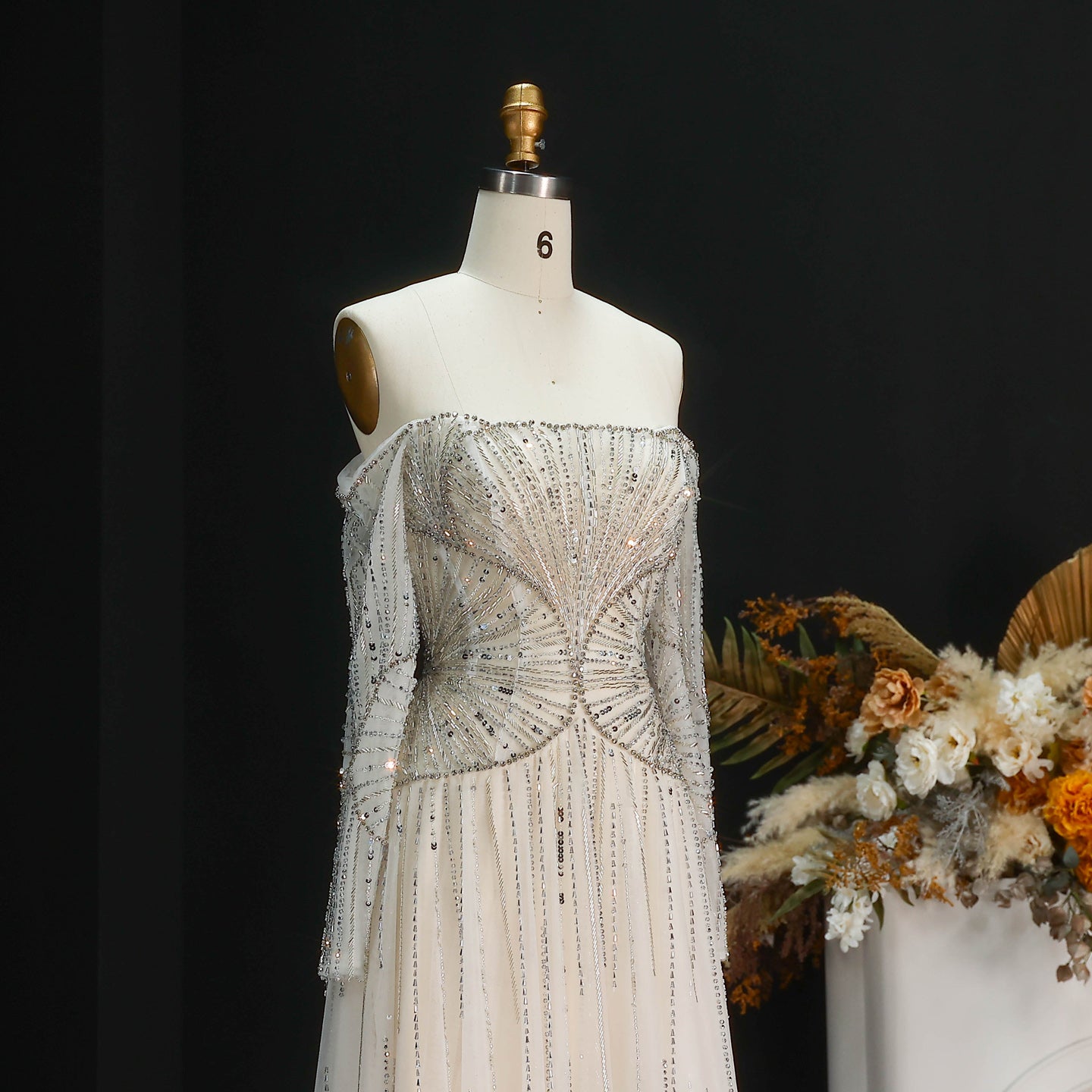 Sexy Off the Shoulder Luxury Beaded Beige Evening Dress with Long Sleeve SS507 Sheer Fairy