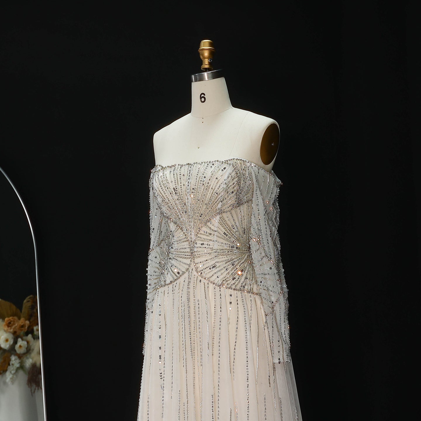 Sexy Off the Shoulder Luxury Beaded Beige Evening Dress with Long Sleeve SS507 Sheer Fairy