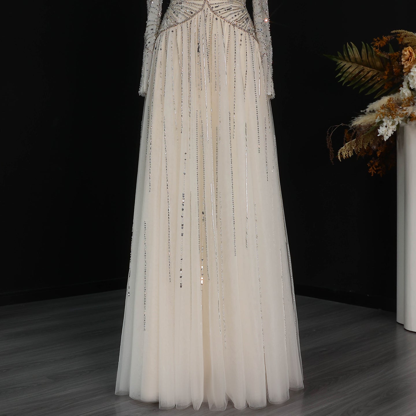 Sexy Off the Shoulder Luxury Beaded Beige Evening Dress with Long Sleeve SS507 Sheer Fairy
