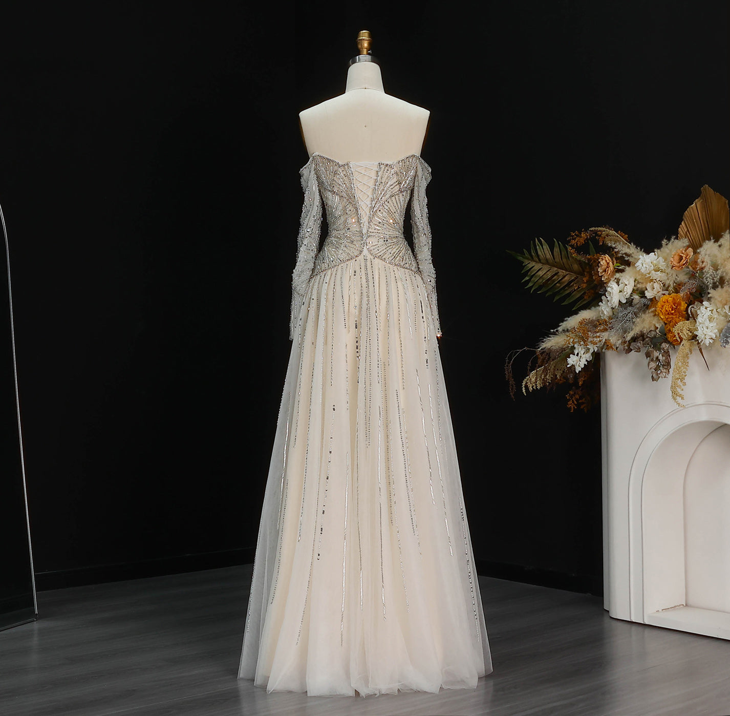 Sexy Off the Shoulder Luxury Beaded Beige Evening Dress with Long Sleeve SS507 Sheer Fairy