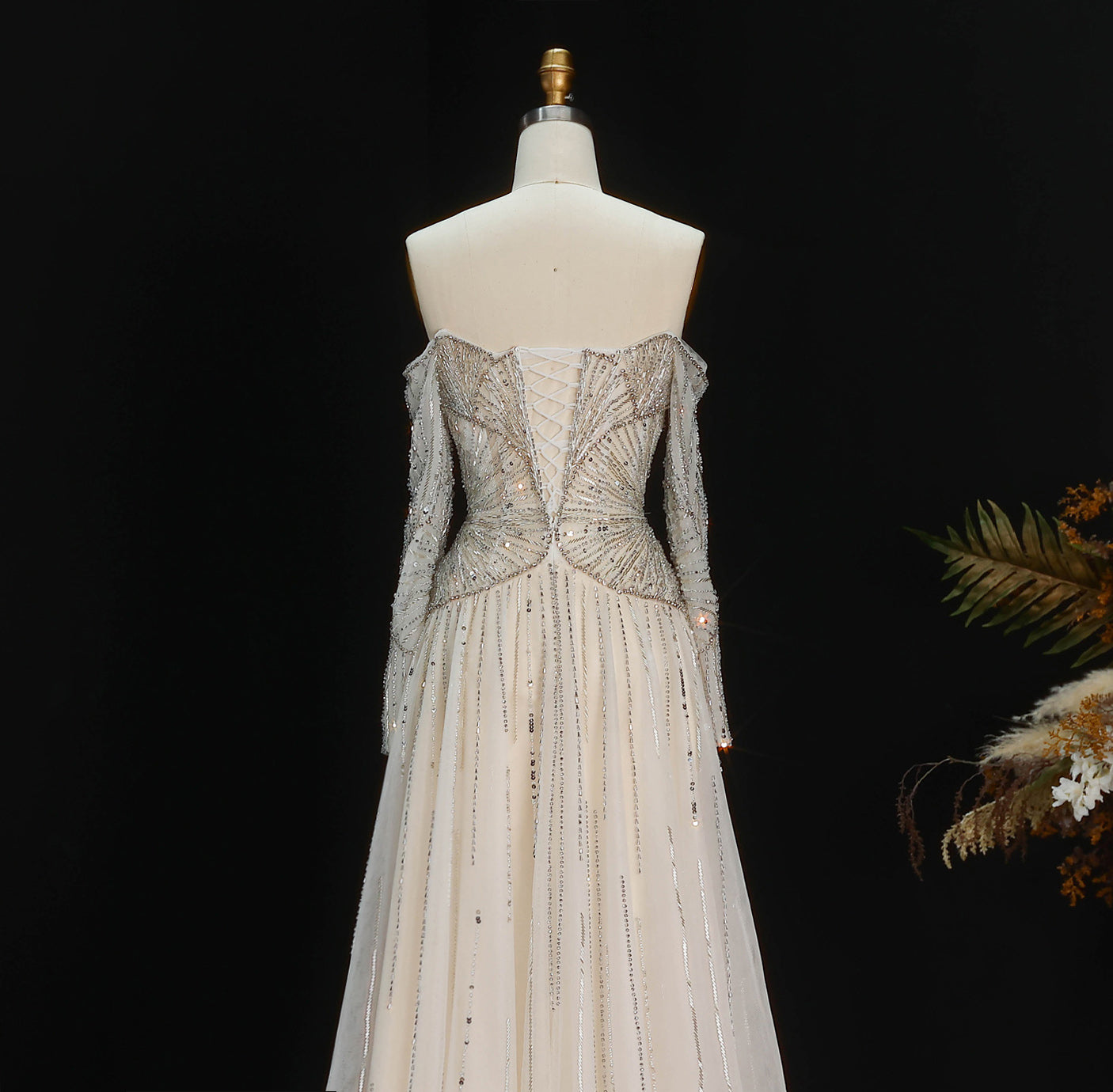 Sexy Off the Shoulder Luxury Beaded Beige Evening Dress with Long Sleeve SS507 Sheer Fairy