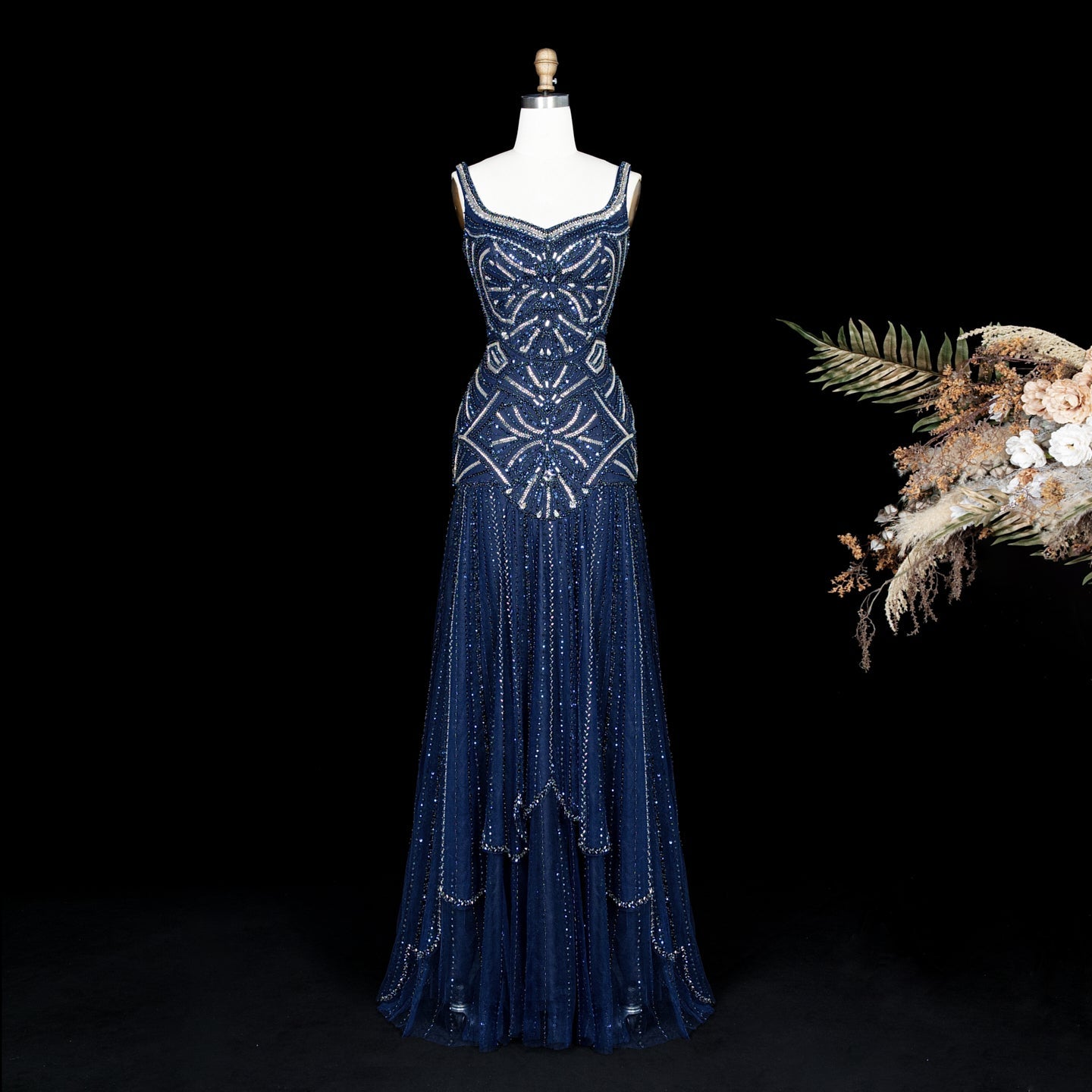 Champagne Luxury Beaded Tulle Floor Length Evening Dress SS552 Sheer Fairy