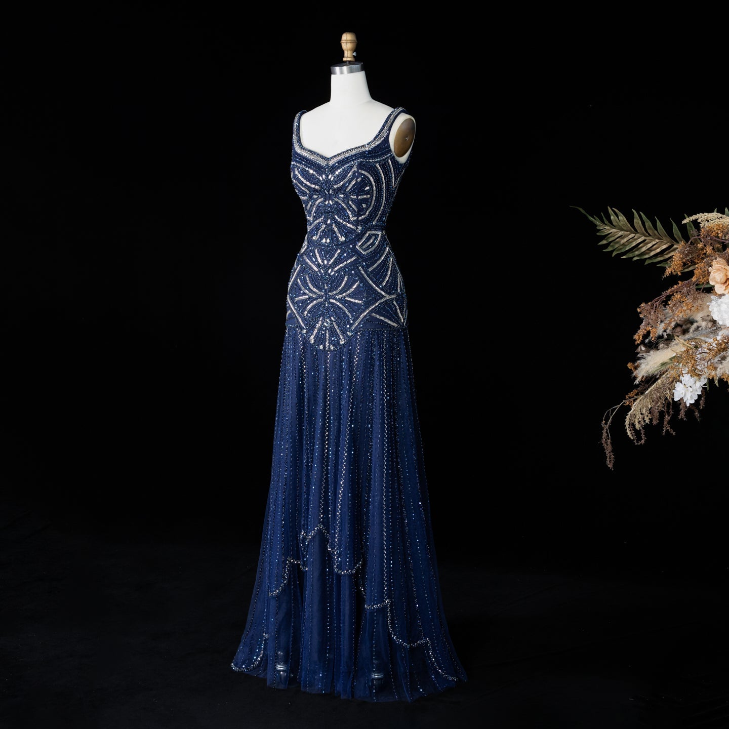 Champagne Luxury Beaded Tulle Floor Length Evening Dress SS552 Sheer Fairy