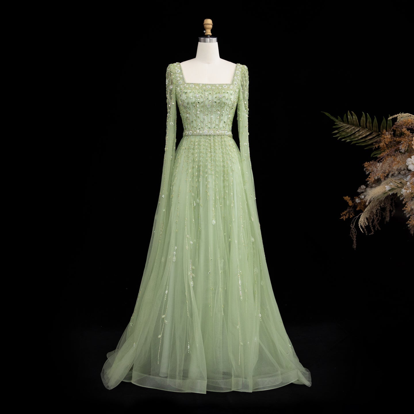 Luxury Caramel Beaded Cape Sleeve A-Line Evening Gown with Square Neck SS494 Sheer Fairy