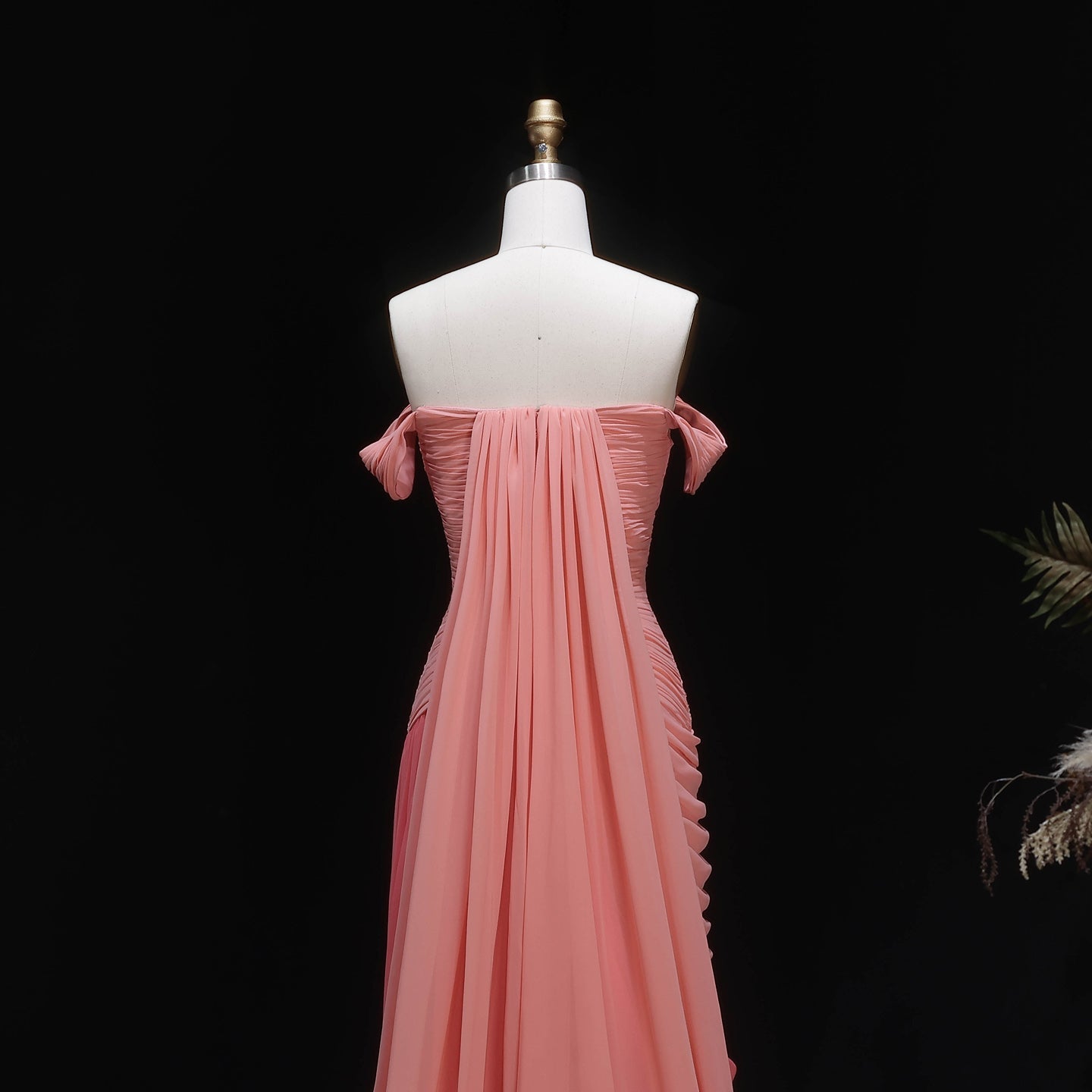 Blush Chiffon A-Line Off-the-Shoulder Pink Evening Dress SF424 Sheer Fairy