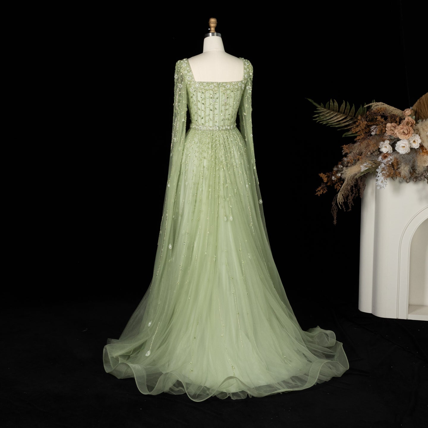 Luxury Caramel Beaded Cape Sleeve A-Line Evening Gown with Square Neck SS494 Sheer Fairy