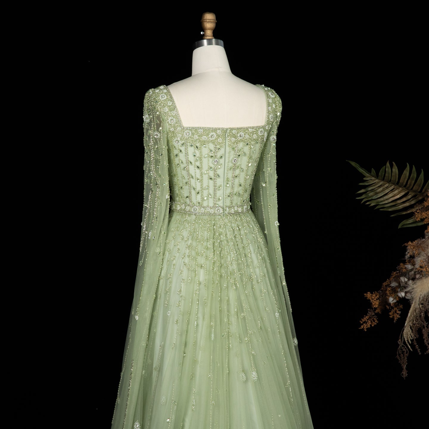 Luxury Caramel Beaded Cape Sleeve A-Line Evening Gown with Square Neck SS494 Sheer Fairy