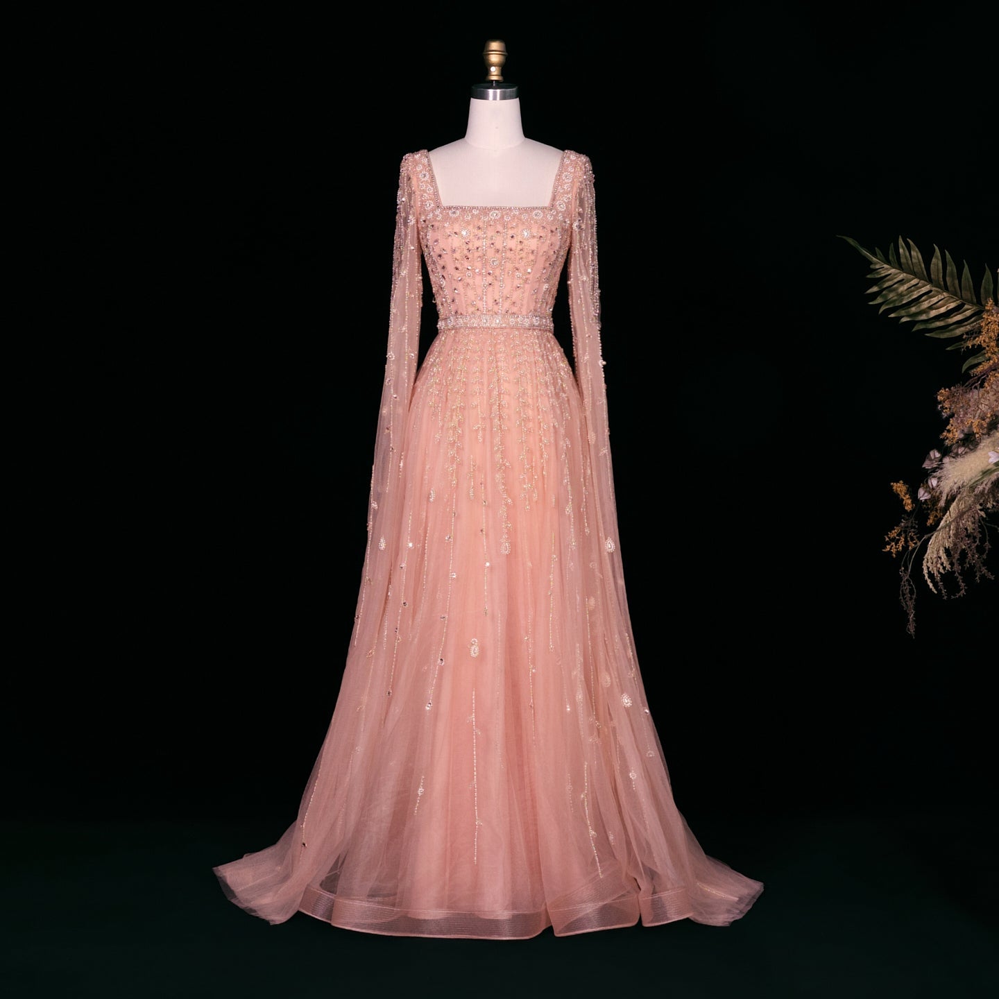 Luxury Caramel Beaded Cape Sleeve A-Line Evening Gown with Square Neck SS494 Sheer Fairy