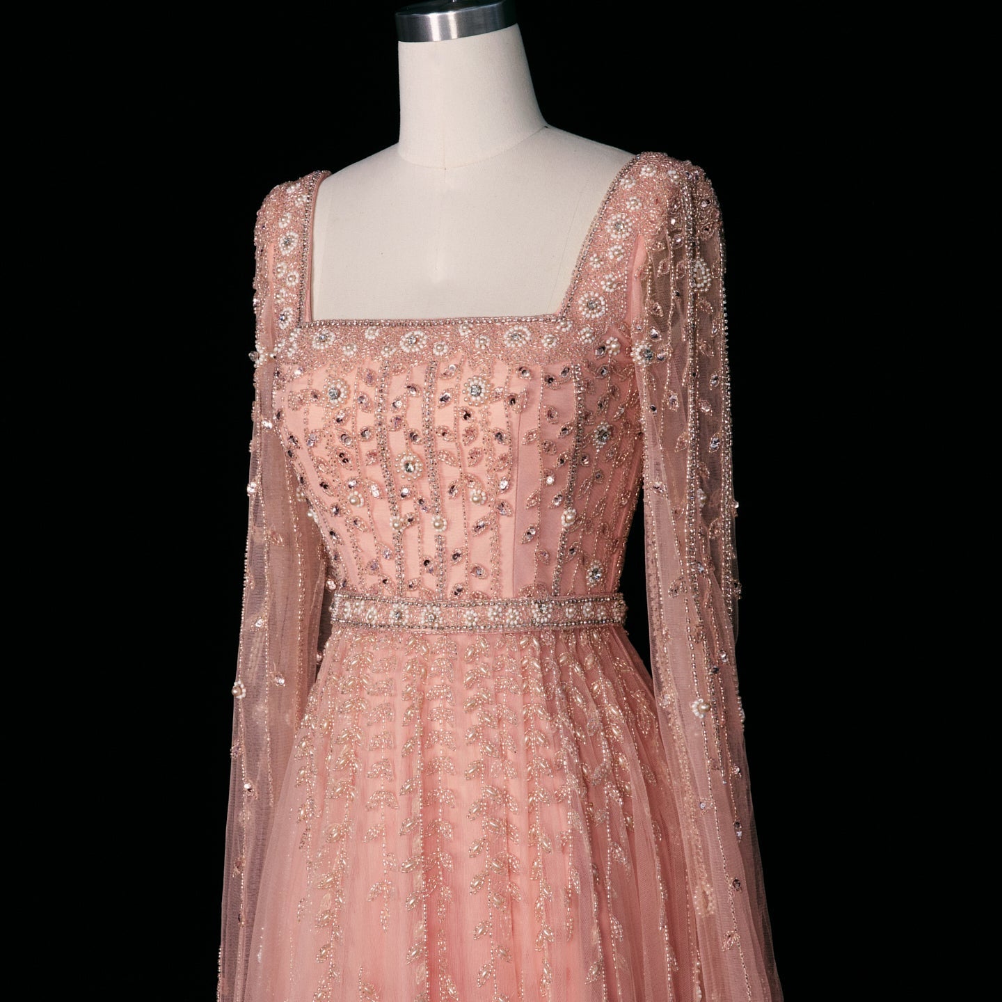 Luxury Caramel Beaded Cape Sleeve A-Line Evening Gown with Square Neck SS494 Sheer Fairy