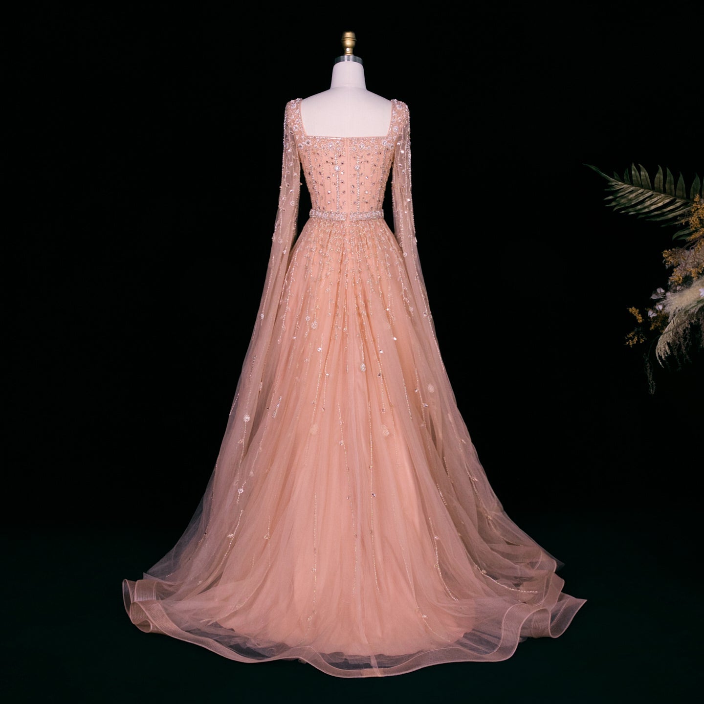 Luxury Caramel Beaded Cape Sleeve A-Line Evening Gown with Square Neck SS494 Sheer Fairy