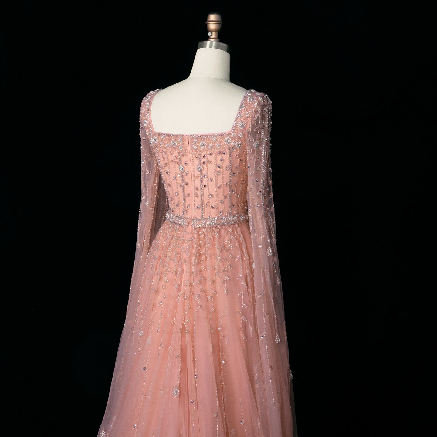 Luxury Caramel Beaded Cape Sleeve A-Line Evening Gown with Square Neck SS494 Sheer Fairy