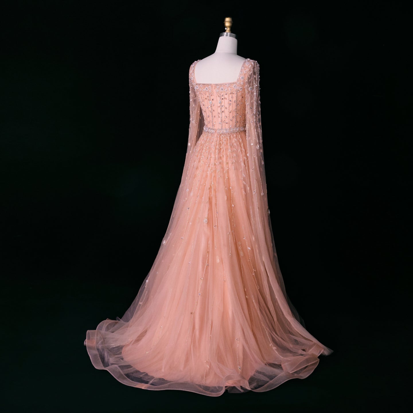 Luxury Caramel Beaded Cape Sleeve A-Line Evening Gown with Square Neck SS494 Sheer Fairy