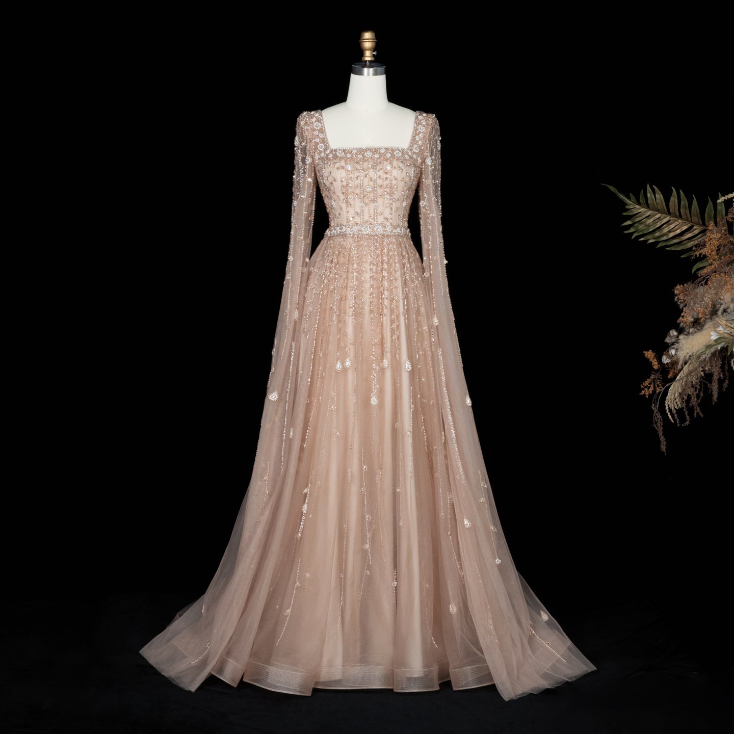 Luxury Caramel Beaded Cape Sleeve A-Line Evening Gown with Square Neck SS494 Sheer Fairy